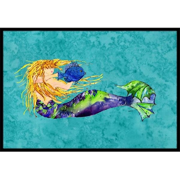 Carolines Treasures 8724MAT Blonde Mermaid On Teal Indoor & Outdoor Mat; 18 x 27 in. 8724MAT - main